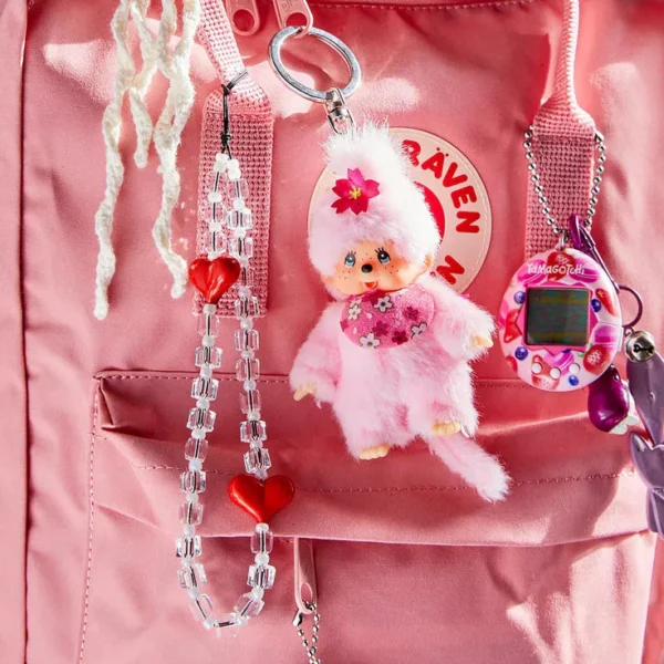 Original Monchhichi Girl Cherry Blossom Keyring Approx 10 cm Large Pink Plush Pendant for Backpacks