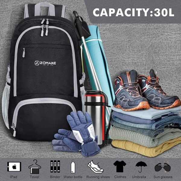 914f9tBwGkL._AC_SX679_a3180241-0278-4552-a46f-5305b48faf8a ZOMAKE Packable Lightweight Backpack 30L Light Foldable Travel Backpack Water Resistant Folding Compact Daypack Black